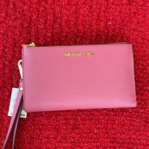 Michael Kors Jet Set Travel Large Double Zip Wristlet Wallet Rosewood Leather